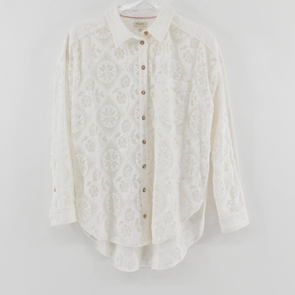 Pilcro Anthropologie Lace Button Down Shirt Size S White Cotton Blouse Boho